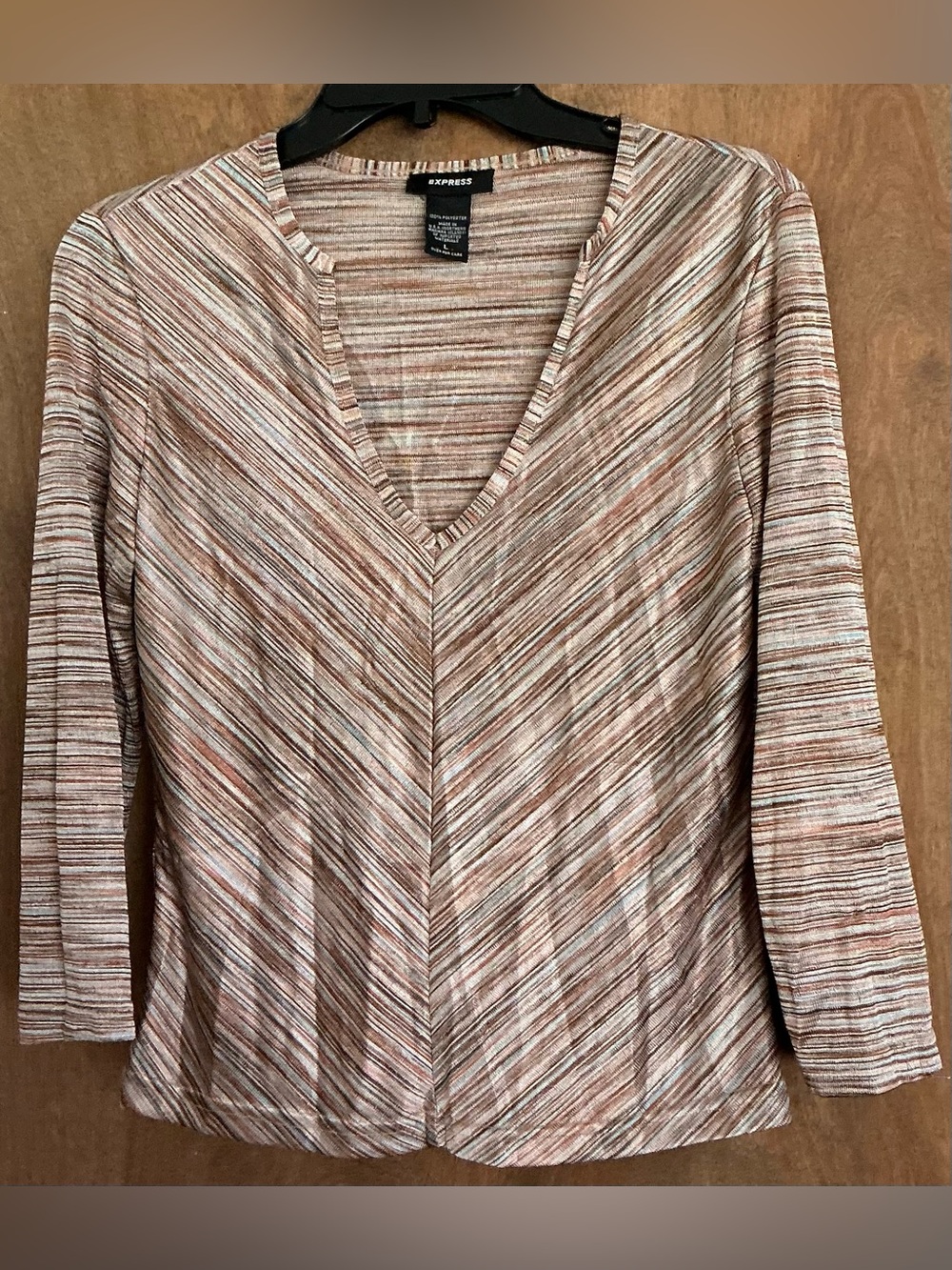 Express Vintage Chevron Multi-Toned Striped V-Neck Long Sleeve Earth Tone Top L